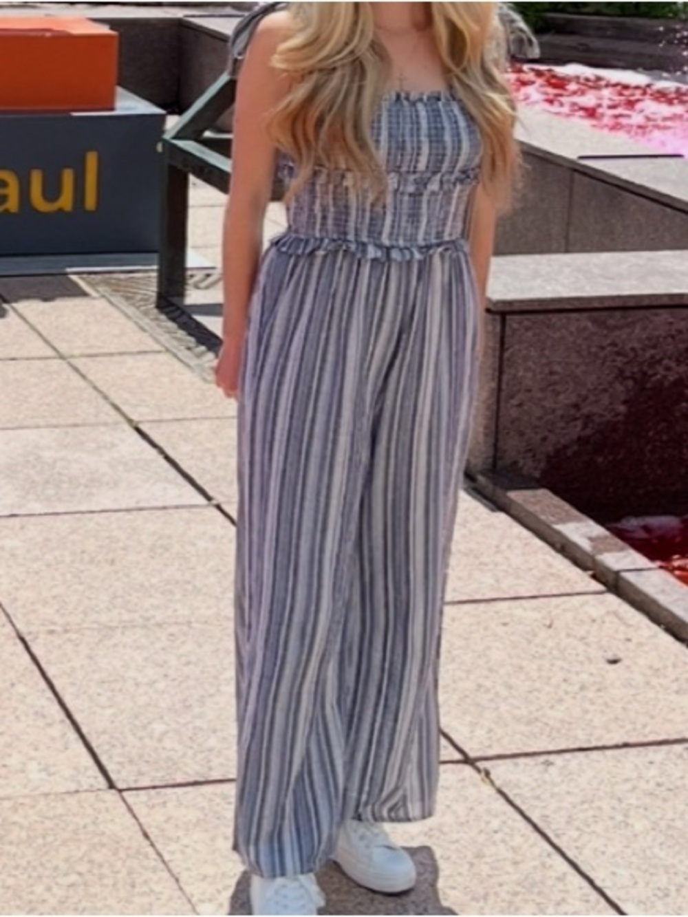 XS Striped Blue Wide-Leg Jumpsuit